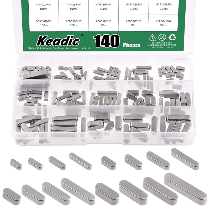Keadic 140Pcs 16 Sizes 304 Stainless Steel Key Stock Assortment Set 8mm 10mm 12mm 16mm 20mm 25mm 30mm Round Ended Parallel Drive Shaft Key Parallel Keys Pulley Feather Key for Fastening Connection - Image 1